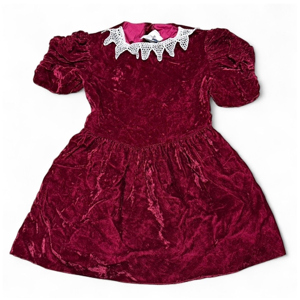 Vintage girls velour lace puff sleeve dress